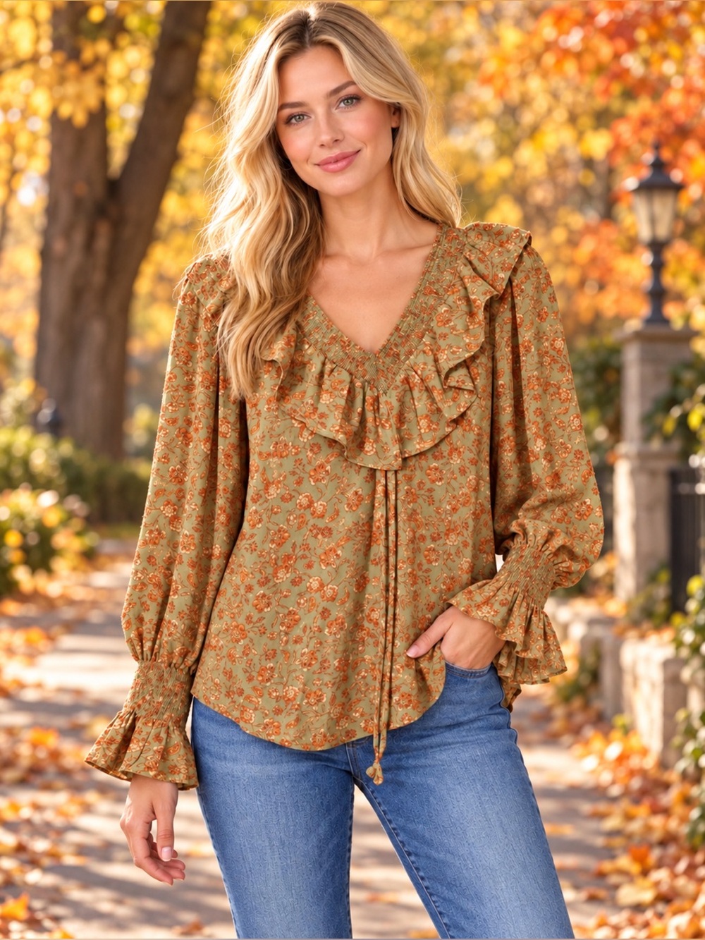 NWT ruffled V-Neck Floral Blouse in beautiful fall colors oversized small PTP 19